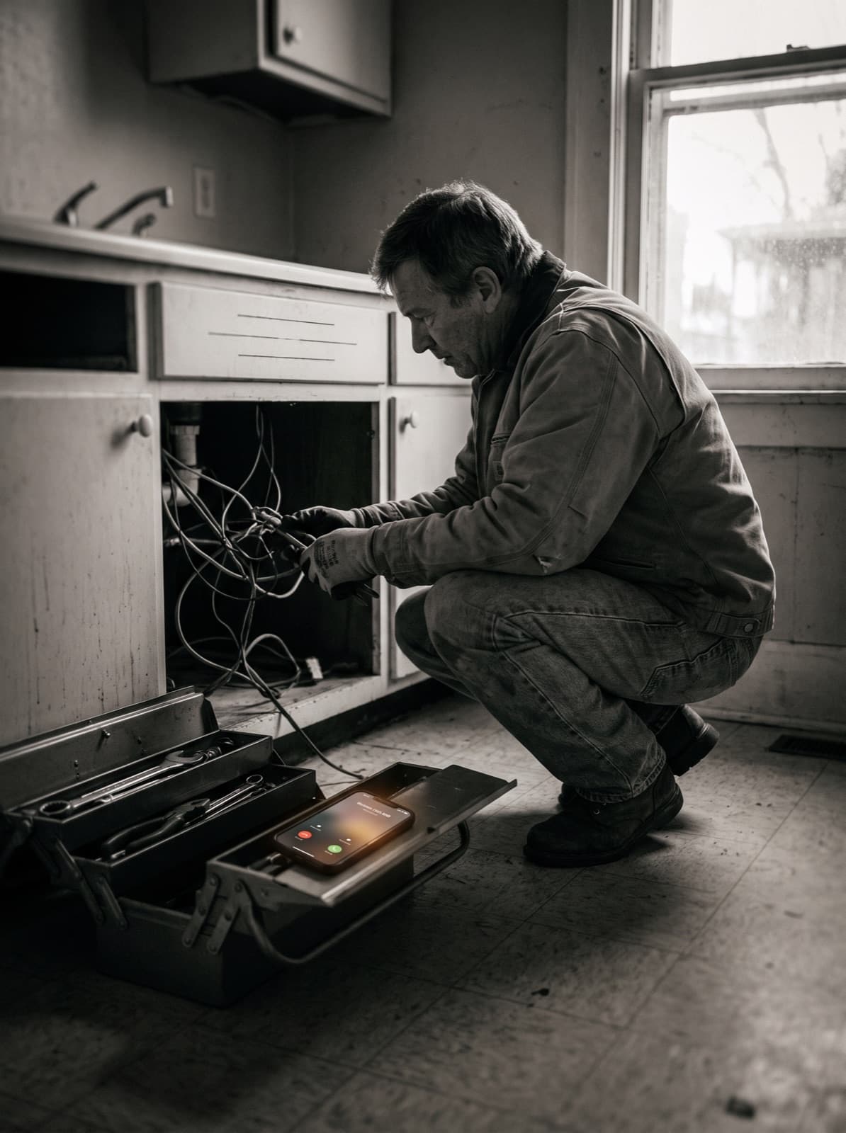 A tradesman working under a sink while his phone rings unanswered in his toolbox